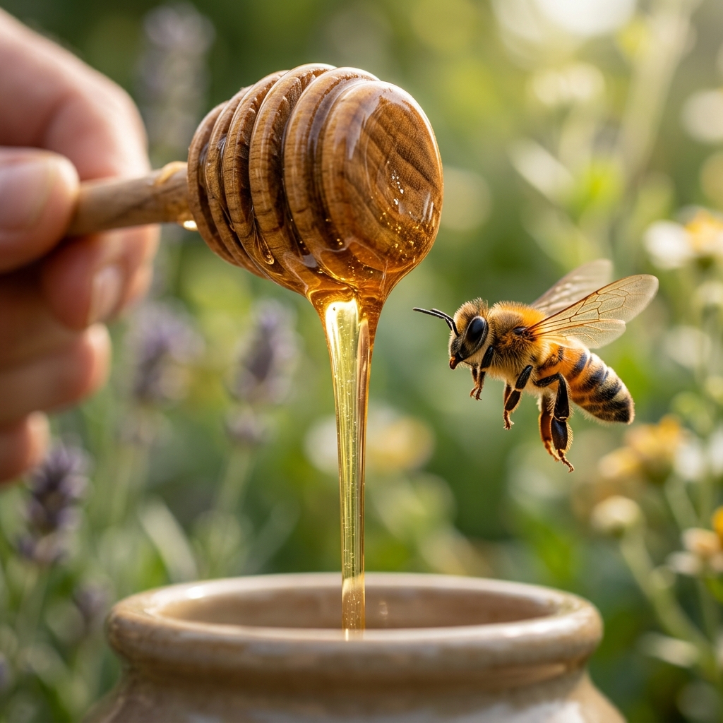 Nepal purest honey - organic Nepali honey pouring from dipper at Jayabuddha Agrotech honey farm Chitwan